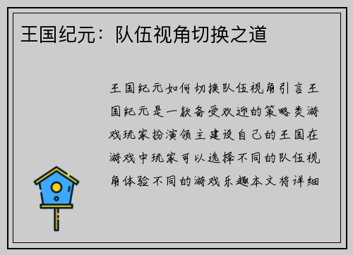 王国纪元：队伍视角切换之道